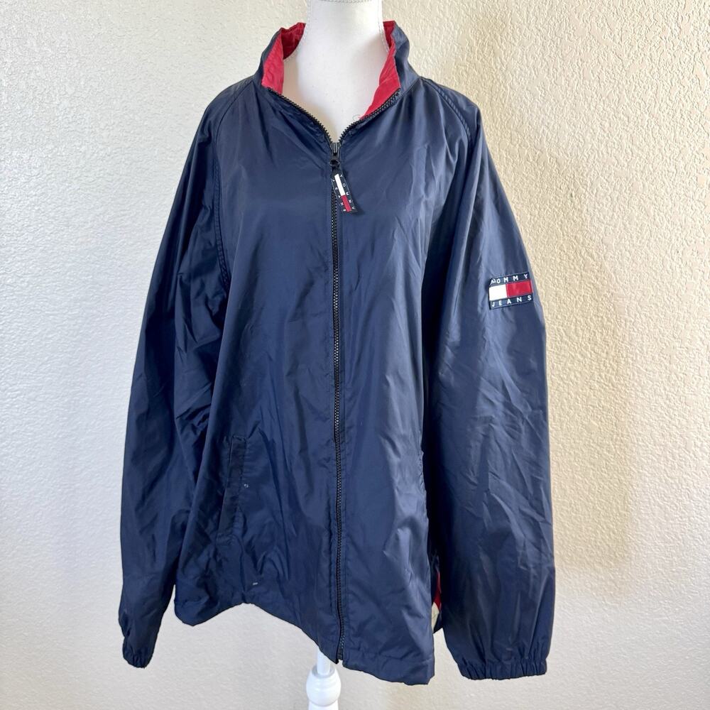 Vintage Tommy Jeans XXL Windbreaker Jacket Navy Blue Red Flag Logo Spellout 90s